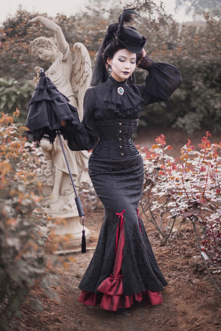 Black/Red [Lorelei] Double-Layered Print Ruffle Gothic Elegant Lolita Jacquard Mermaid Maxi Skirt - Product - 2