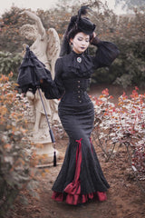 Black/Red [Lorelei] Double-Layered Print Ruffle Gothic Elegant Lolita Jacquard Mermaid Maxi Skirt - Product - 2