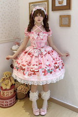 Pink [Strawberry Parfait] Print Short Sleeves Ruffle Bowknot Lace Lace-Up Sweet Lolita Dress - Product - 2