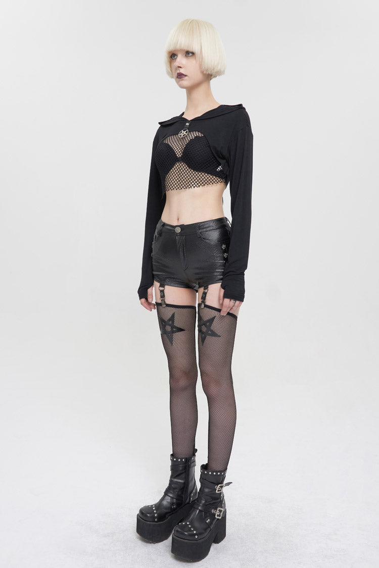 Black Faux Leather Pentagram With Stockings Women's Punk Shorts - Product - 6