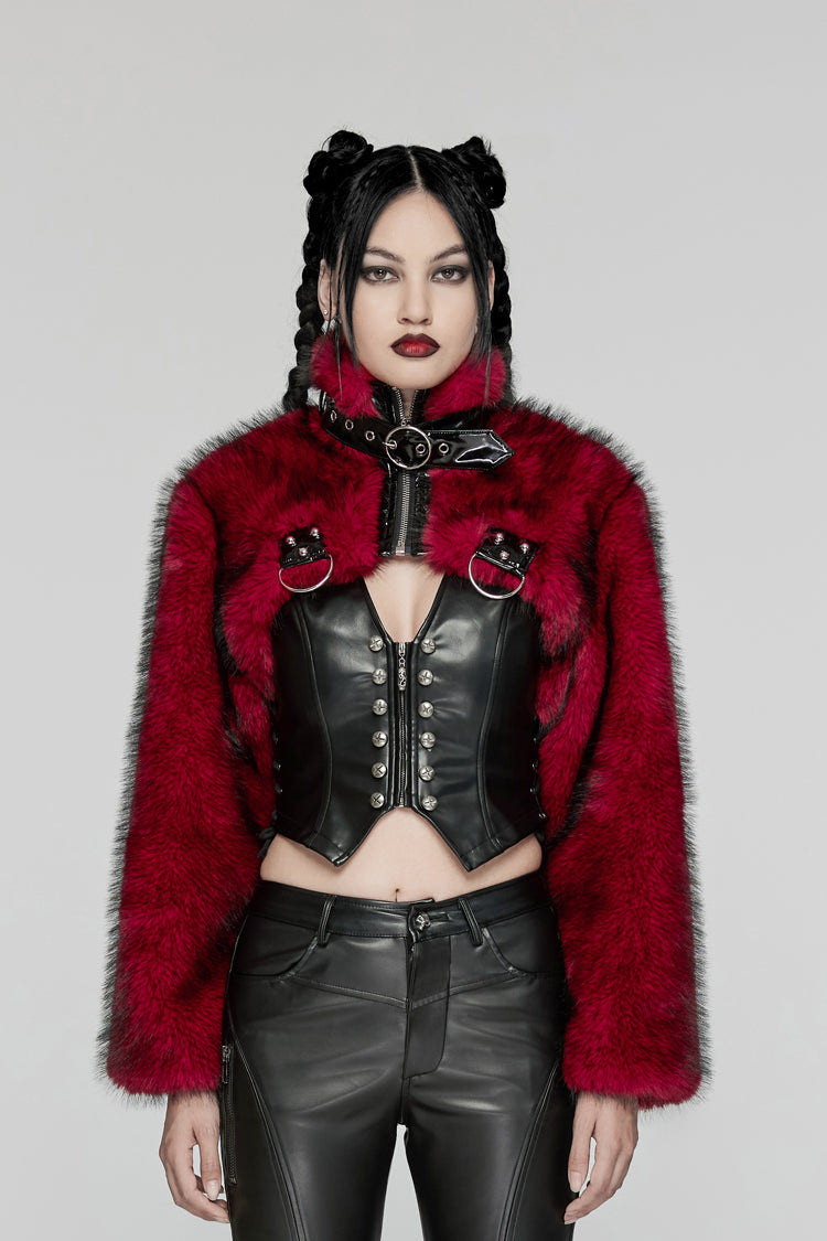 Red Stand Collar Long Sleeves Women's Punk Faux Fur Short Jacket - Red - 1