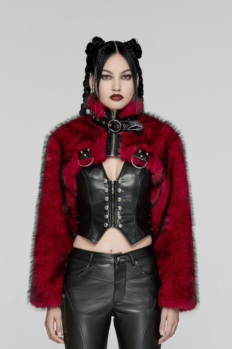Red Stand Collar Long Sleeves Women's Punk Faux Fur Short Jacket - Red - 1