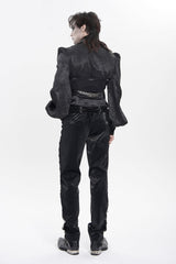 Black Lapel Collar Off Shoulder Halterneck Sleeveless Jacquard Lace Slim Color-Blocked Men's Gothic Palace Vest - Product - 10