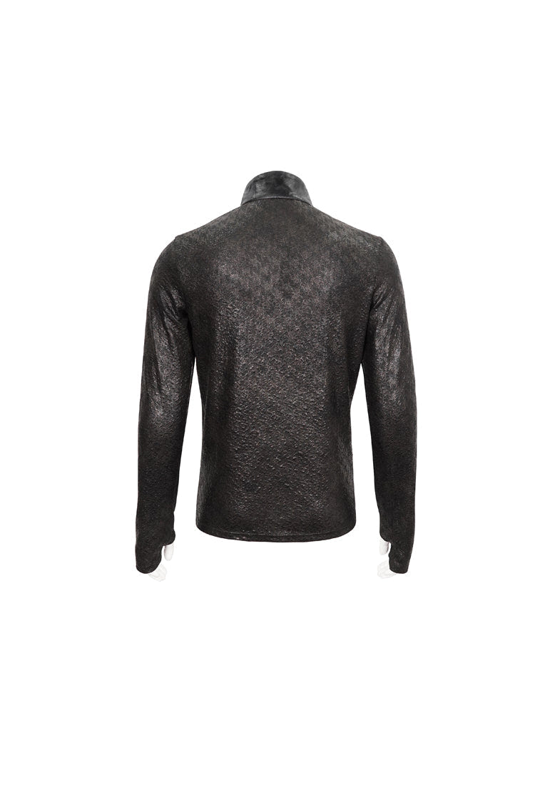 Black Stand Collar Long Sleeves Faux Leather Splice Men's Gothic Shirt - Product - 7