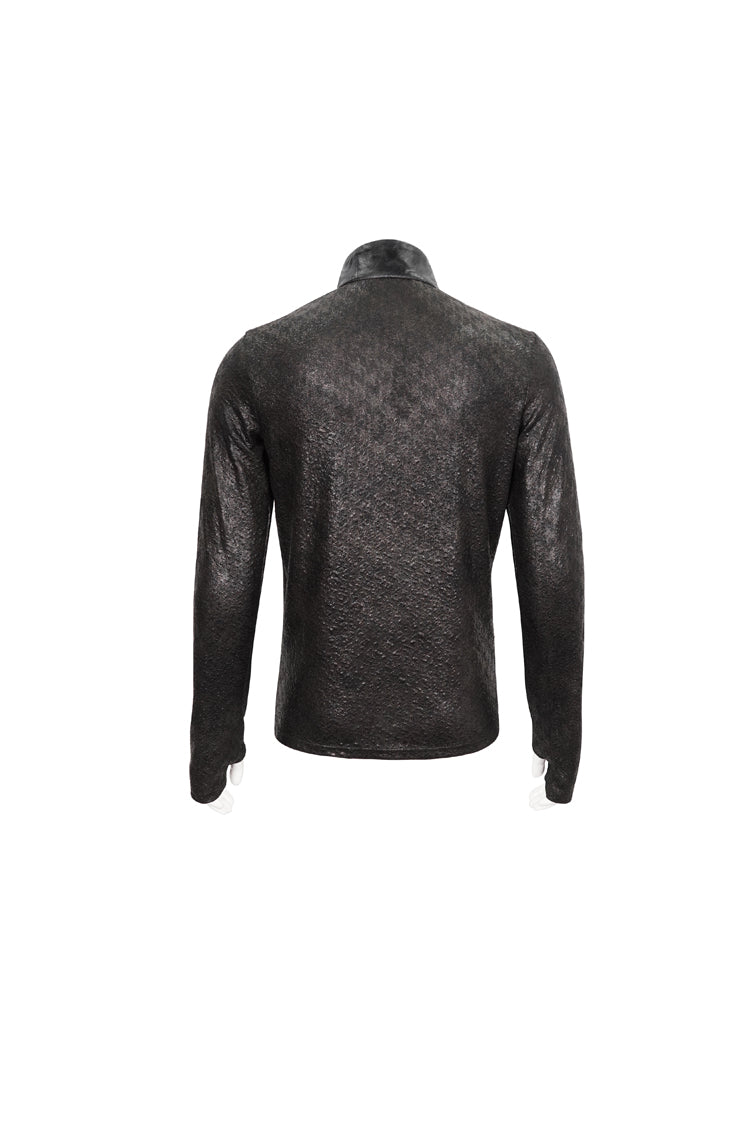 Black Stand Collar Long Sleeves Faux Leather Splice Men's Gothic Shirt - Product - 7