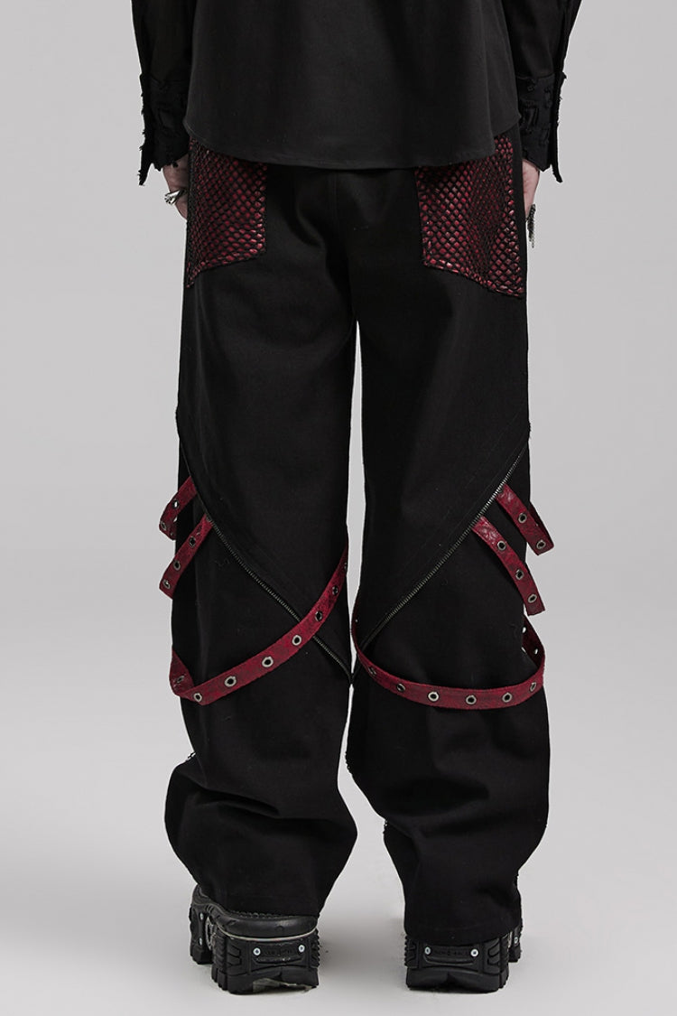 Cracked Leather Stitching Metal Rivet Decoration Mesh Men's Steampunk Pants 2 Colors - Product - 11