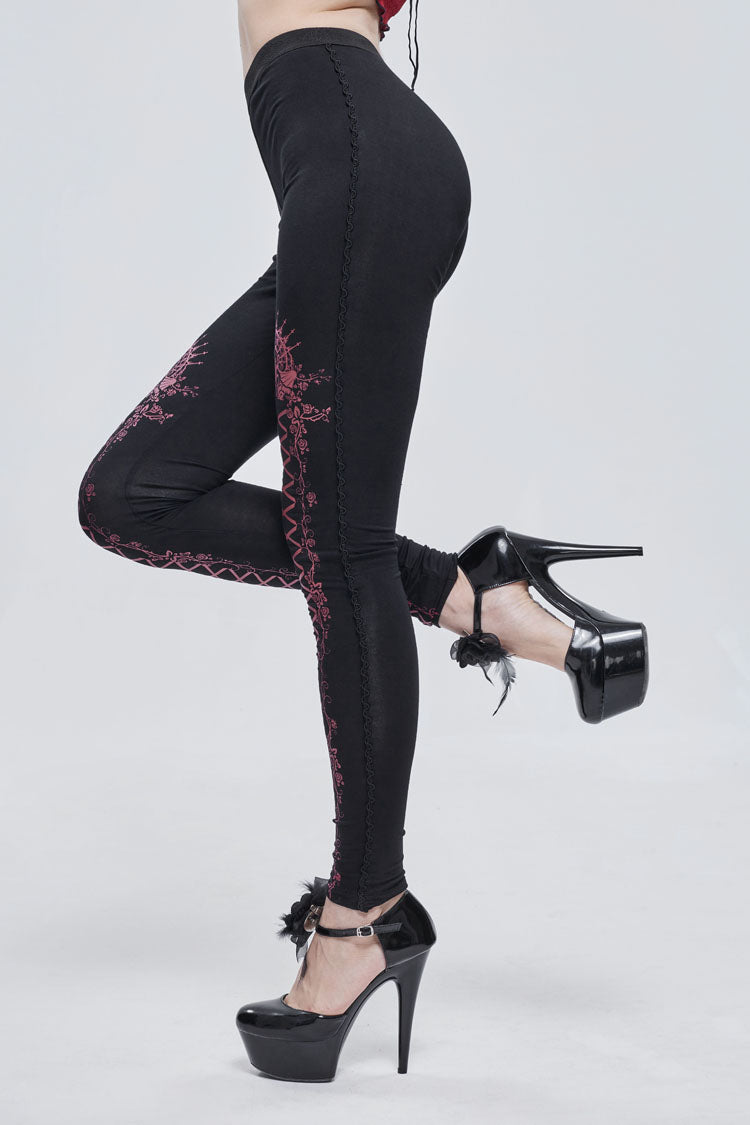 Black/Red Printed Decoration Tie Rope Elasticity Women's Gothic Leggings - Product - 2