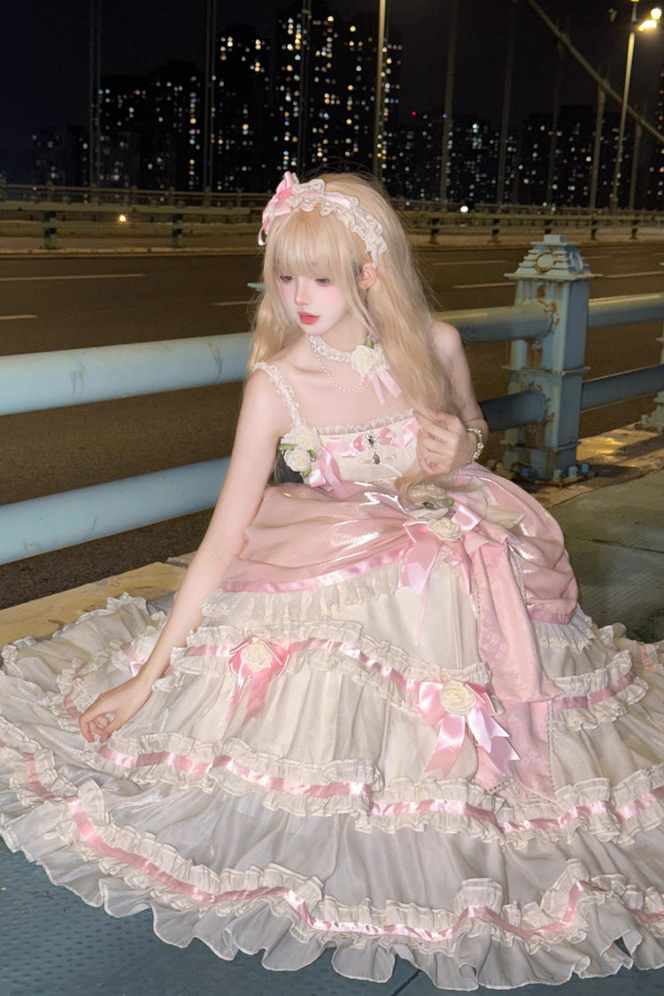 Apricot/Pink Multi-layer Ruffle Hanayome Bowknot Sweet Princess Gorgeous Long Lolita Jsk Dress - Product - 2