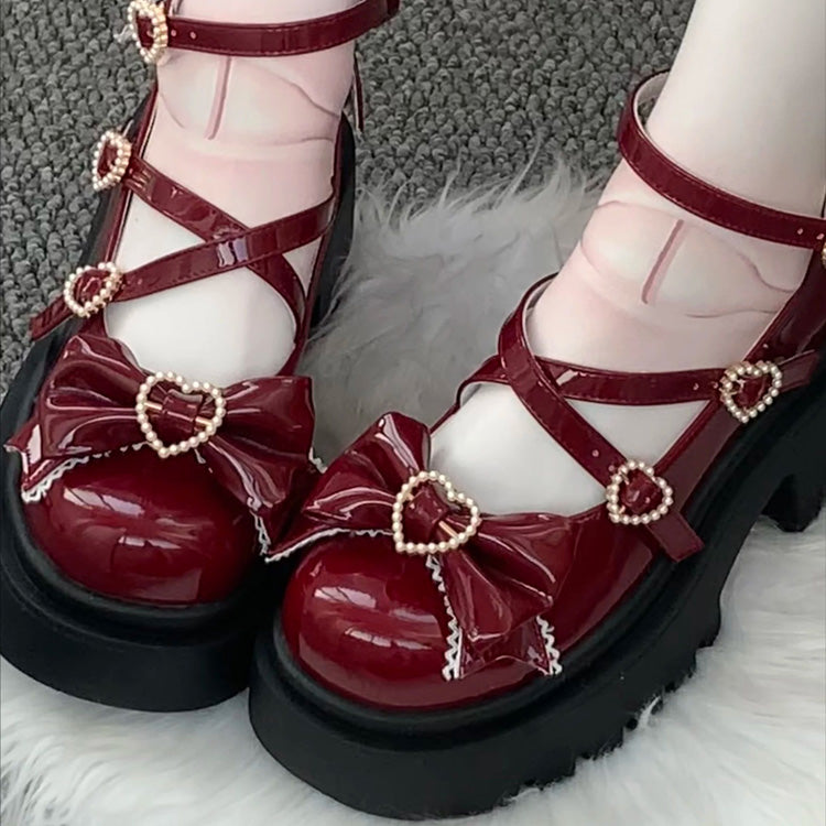 Wine Red Synthetic Leather Cross Straps Bow Lolita Shoes - Wine-Red - 1