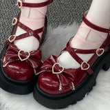 Wine Red Synthetic Leather Cross Straps Bow Lolita Shoes - Wine-Red - 1