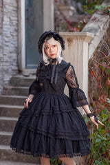 Black Solid Color Tower of Dawn Bowknot Sleeveless Ruffle Gothic Lolita Dress - Product - 4