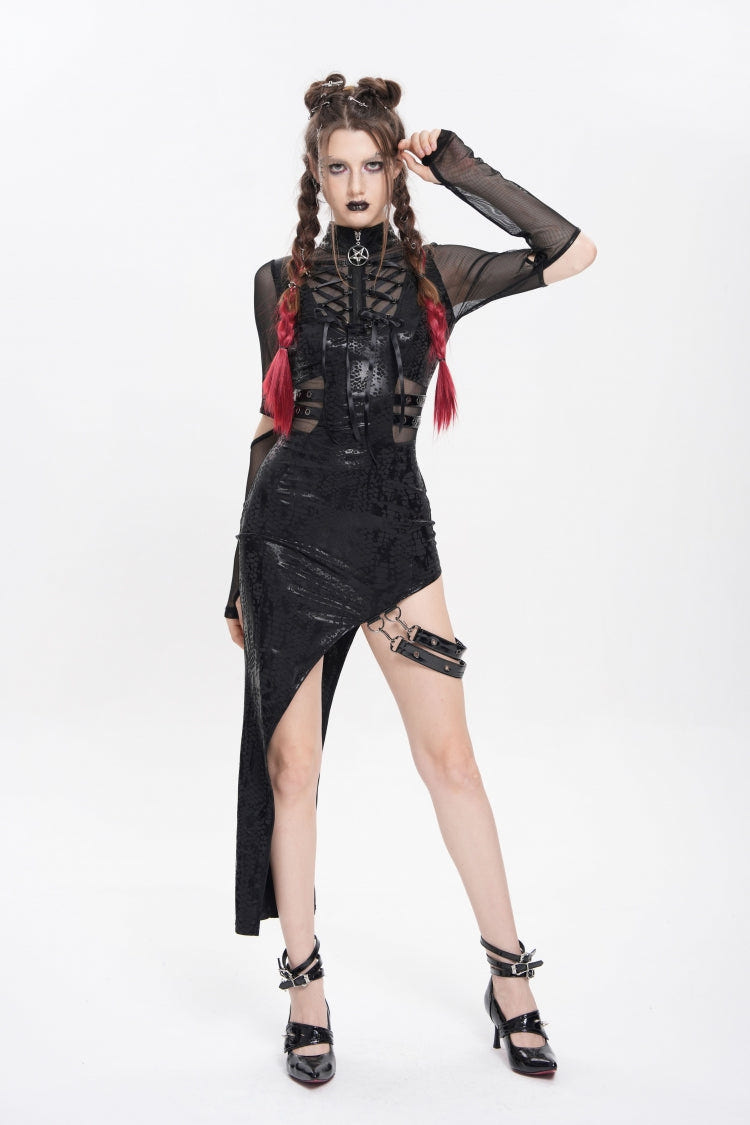 Black Stand Collar Long Sleeves Stitching Lace-Up Mesh Women's Punk Dress with Detachable Strap - Product - 10