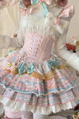 Pink [Candy House] Multi-Layered Print Ruffle Bowknot Lace-Up Sweet Ballet Lolita Jsk Dress - Product - 3