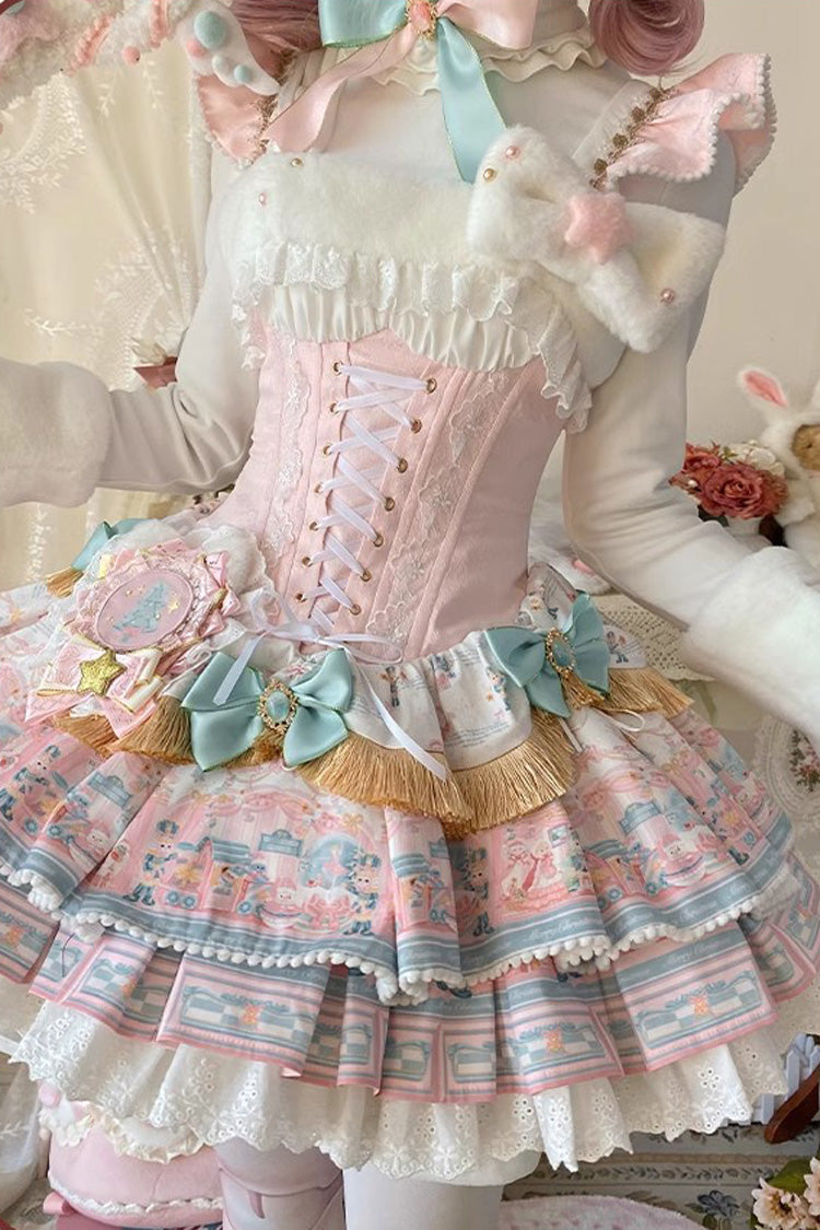 Pink [Candy House] Multi-Layered Print Ruffle Bowknot Lace-Up Sweet Ballet Lolita Jsk Dress - Product - 3