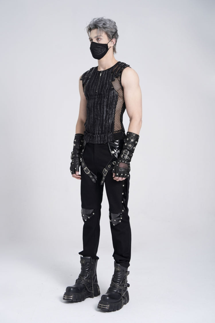 Black Sleeveless Ribbed Print Stitching Mesh Zipper Men's Gothic Vest - Product - 6