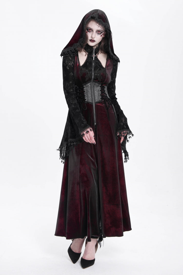 Red Long Sleeves Hollow Embroidery Hooded Ripped Women's Gothic Dress Coat - Product - 8