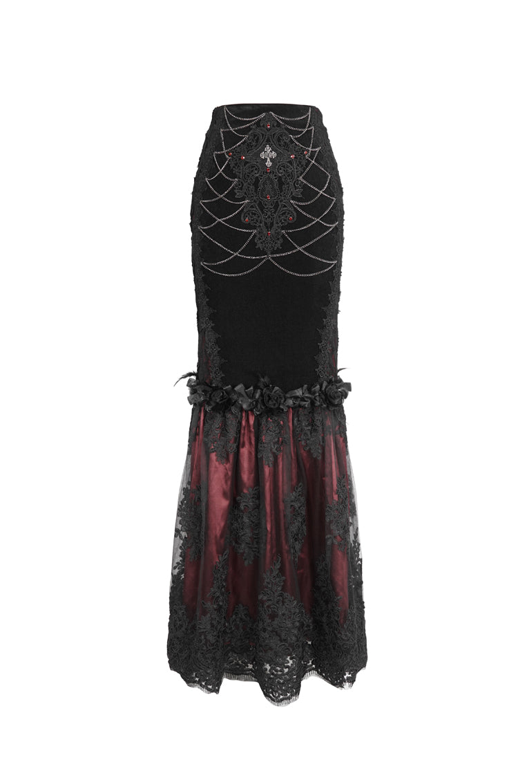 Black/Red High Waisted Embroidery Stitching Lace Women's Gothic Skirt - Product - 5