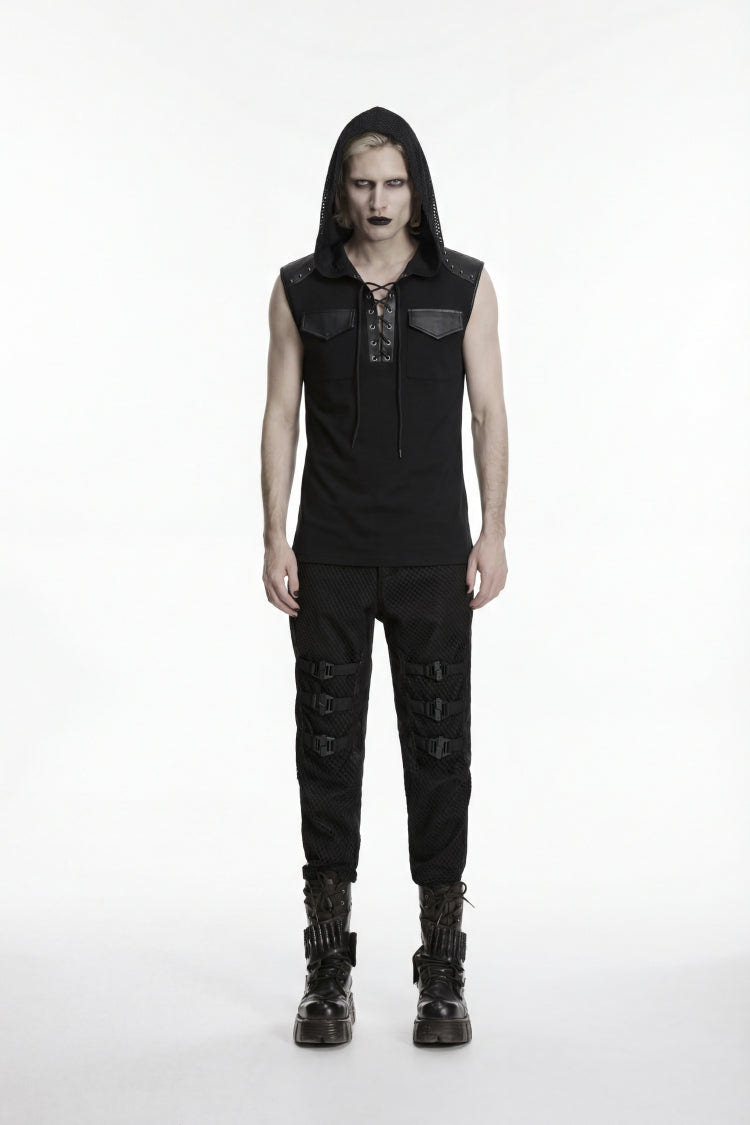 Black Spliced Lace-Up Hooded Studded Men's Punk Cool Vest - Product - 2