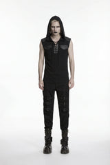 Black Spliced Lace-Up Hooded Studded Men's Punk Cool Vest - Product - 2