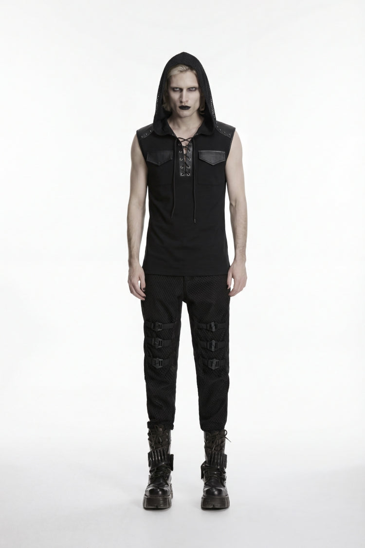 Black Spliced Lace-Up Hooded Studded Men's Punk Cool Vest - Product - 2