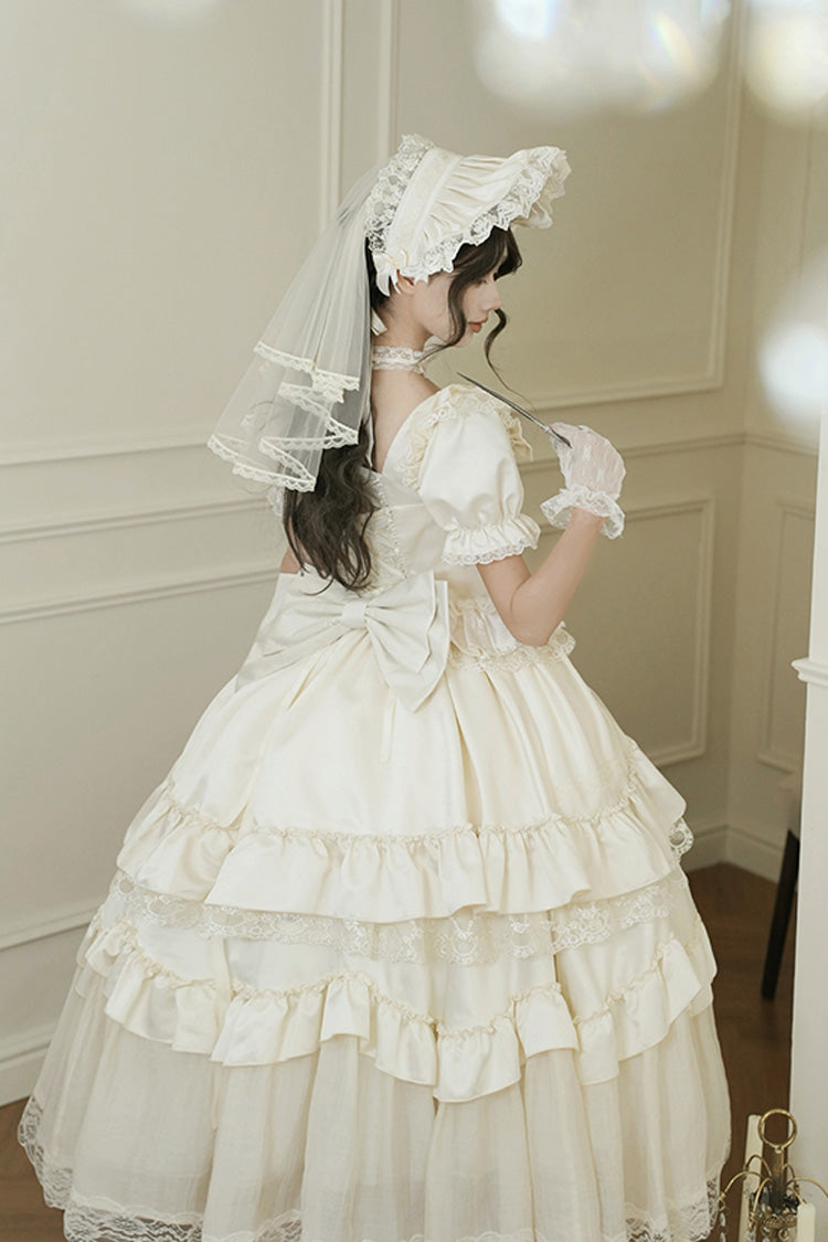 White [Letters and Poems] Square Collar Short Sleeves Ruffle Hanayome Bowknot Sweet Elegant Gorgeous Lolita Dress - Product - 2