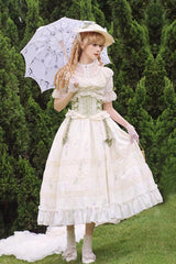 White/Green Letters and Poems to Austen Short Sleeves Print Hollow Lace Sweet Elegant Lolita Dress - Product - 2
