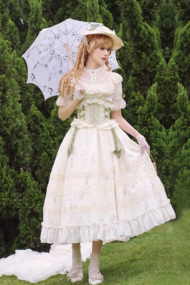 White/Green Letters and Poems to Austen Short Sleeves Print Hollow Lace Sweet Elegant Lolita Dress - Product - 2