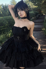 Black Sleeveless Triple-Layered Ruffle Bowknot Lace Gothic Princess Lolita Dress - Product - 2