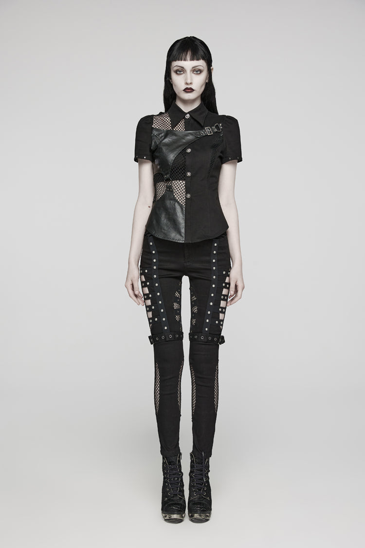Black Twill Woven Short Sleeves Hollow Leather Stitching Womens Steampunk Blouse - Product - 2