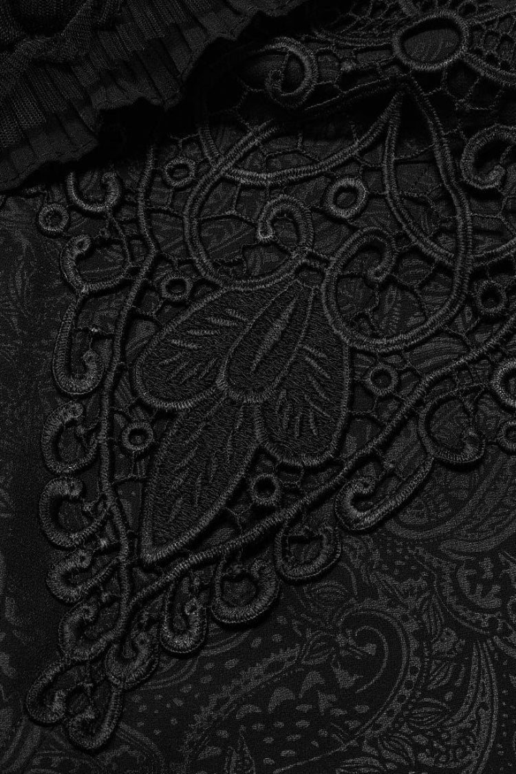 Black Stand Collar Ruffle Floral Embroidery Mens Gothic Blouse - Product - 6