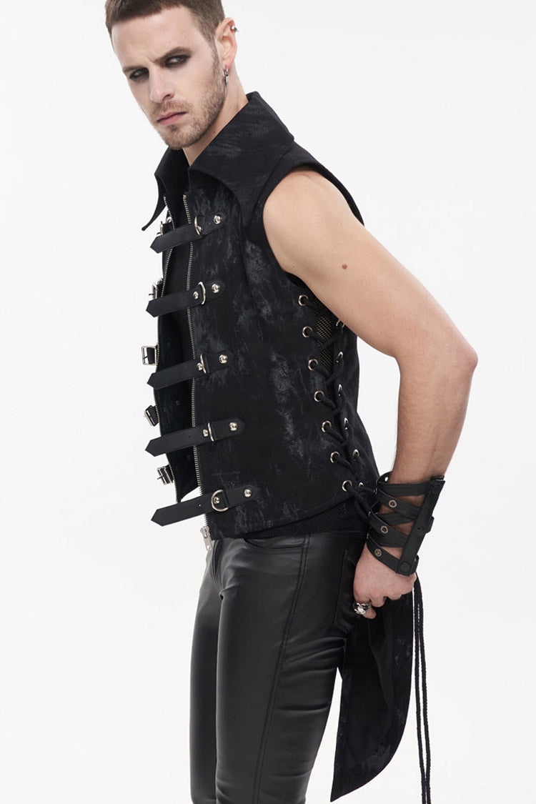 Black Punk Irregular Print D-Shaped Buckle Decoration Waist Side Slits Tied Rope Tight Zipper Men's Dovetail Vest - Product - 3