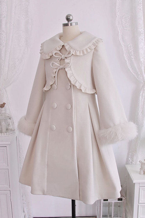 Ivory Double Breasted Bowknot Plush Long Sleeves Fake Two-Piece Woolen Lolita Coat - Product - 2