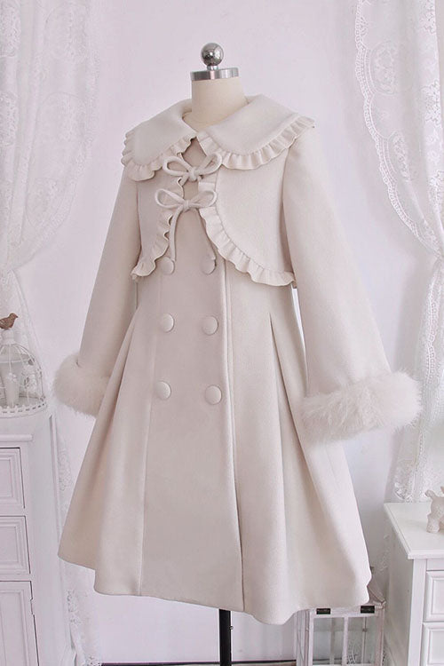 Ivory Double Breasted Bowknot Plush Long Sleeves Fake Two-Piece Woolen Lolita Coat - Product - 2