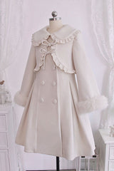 Ivory Double Breasted Bowknot Plush Long Sleeves Fake Two-Piece Woolen Lolita Coat - Product - 2