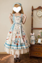 Blue/Green [Tea Party] Short Sleeves Print Ruffle Bowknot Lace Sweet Elegant Lolita Dress - Product - 7
