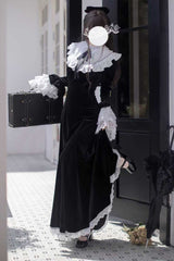 Black [Raven-Feather Poetic Letter] Velvet Long Hime Sleeves Ruffle Bowknot Gothic Elegant Lolita Fishtail Dress - Product - 7