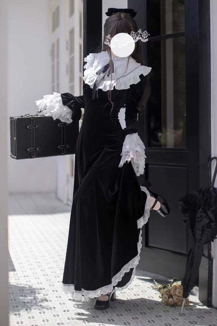 Black [Raven-Feather Poetic Letter] Velvet Long Hime Sleeves Ruffle Bowknot Gothic Elegant Lolita Fishtail Dress - Product - 7