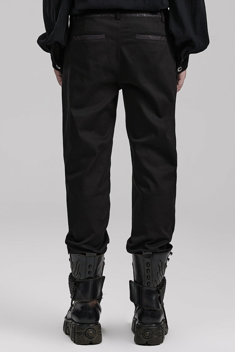 Black Leather Stitching Slim Front Zipper Men's Gothic Pants - Product - 3