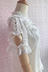 Round Collar Short Puff Sleeves Chiffon Lace Sweet Lolita Blouse 2 Colors - Product - 5