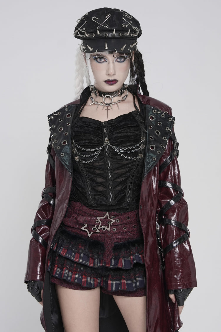 Black/Red Multi-Layered Lace Detachable Eyelet Women's Punk Layered Plaid Falbala Shorts - Product - 10