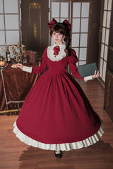 [Miss Lita] Stand Collar Long Lantern Sleeves Triple-Layered Ruffled Classic Elegant Maid Lolita Dress 2 Colors (Red, Black) - Product - 15