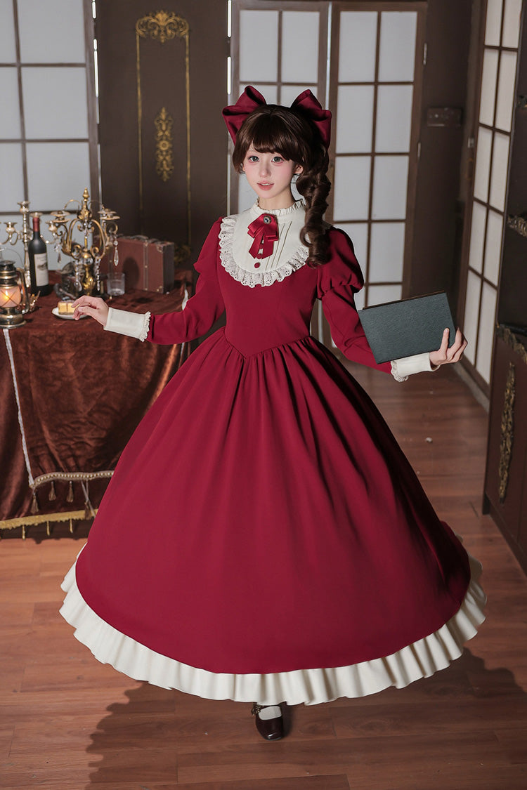 [Miss Lita] Stand Collar Long Lantern Sleeves Triple-Layered Ruffled Classic Elegant Maid Lolita Dress 2 Colors (Red, Black) - Product - 15