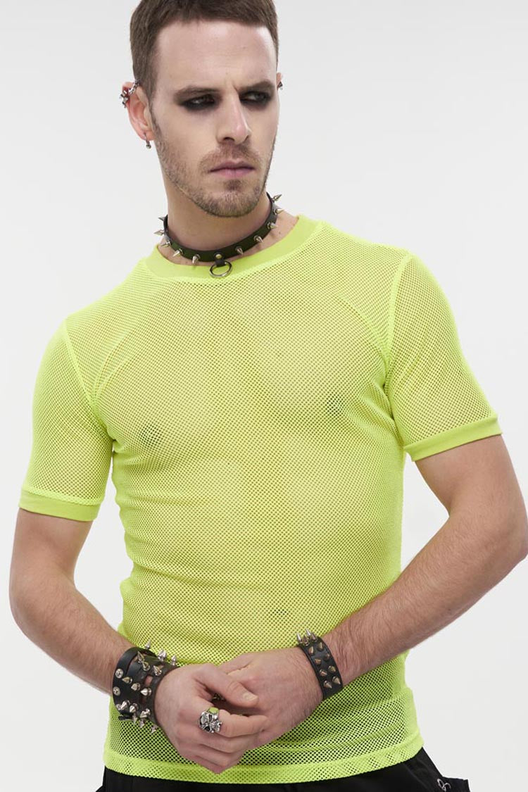 Yellow Gothic Crew Neck Diamond-Shaped Net Hyperelastic Short Sleeve Men's T-Shirt - Product - 2