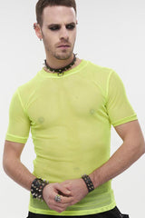 Yellow Gothic Crew Neck Diamond-Shaped Net Hyperelastic Short Sleeve Men's T-Shirt - Product - 2