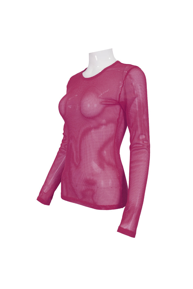 Red Elasticity High Neck Long Sleeve Mesh Women's Gothic T-Shirt - Product - 7