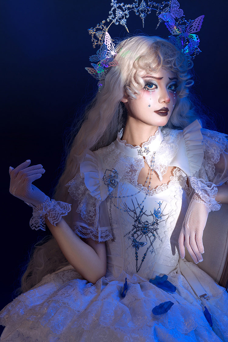White Sleeveless Spider Embroidery Bowknot Lace Gothic Princess Lolita Skirt Two-piece Set - Product - 5