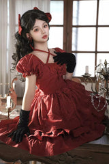 Red Thorn Rose Short Sleeves Multi-layer Ruffle Bowknot Gothic Princess Lolita Dress - Product - 4