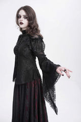 Black Stand Collar Long Trumpet Sleeves Embroidery Stitching Lace Women's Gothic Blouse - Product - 4