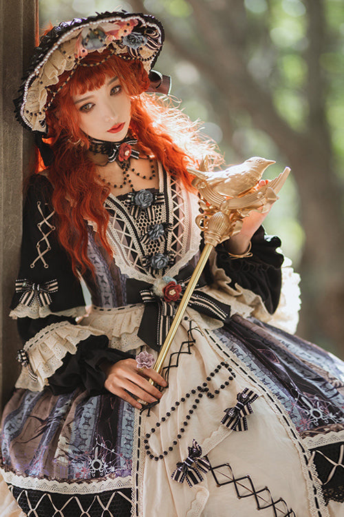 Multi-Color Ruffled Sleeve Retro Printed High Waist Classic Lolita OP Dress - Product - 5