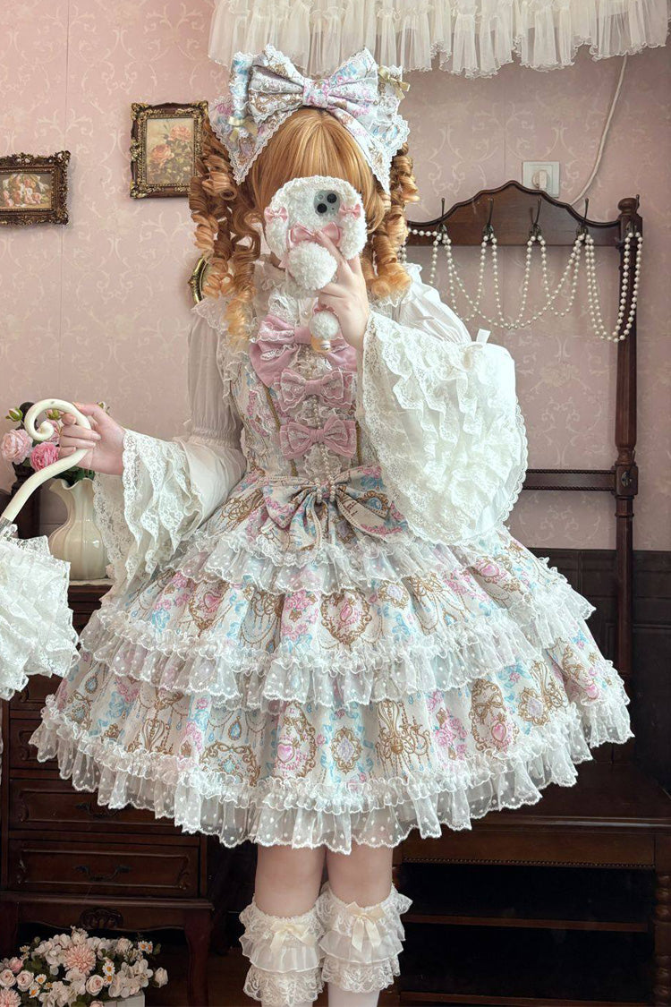 Apricot [Candelabrum Elegy] Sleeveless Triple-Layered Flower Wall Printed Ruffled Bow Lace Sweet Lolita Jsk Dress - Apricot - 1
